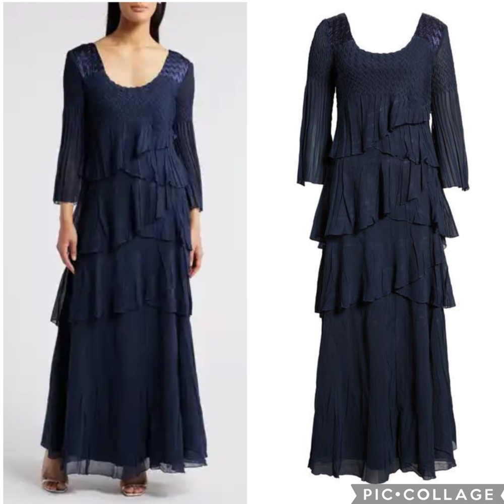 Komarov Long Sleeve Tiered Maxi Dress Navy Blue M